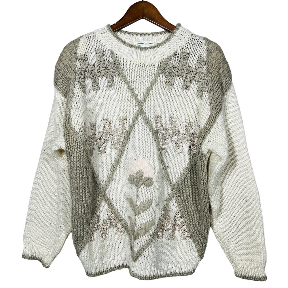Vintage Shenanigans Handknit Sweater Floral Long Sleeve Cozy Classic Granny - L